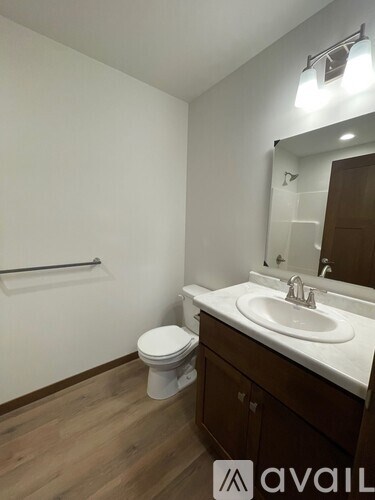 A bathroom with a toilet, sink, mirror, and a wooden floor.