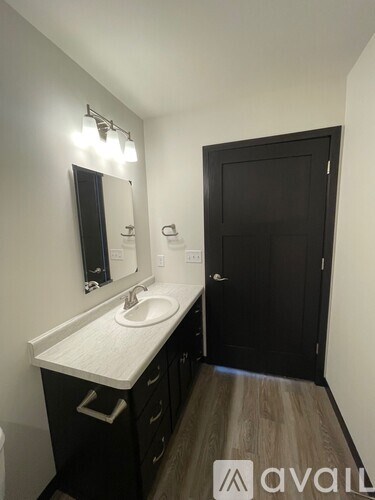 A bathroom with a sink, mirror, and wooden floor.
