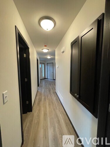 A hallway with wood flooring and black doors.