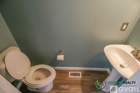 A bathroom with a toilet, sink, and a wooden floor.