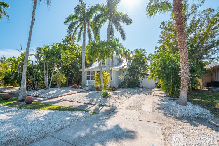 A house with a driveway surrounded by palm trees.