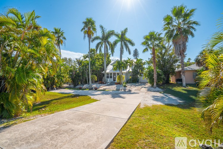 A house surrounded by palm trees under a clear blue sky.