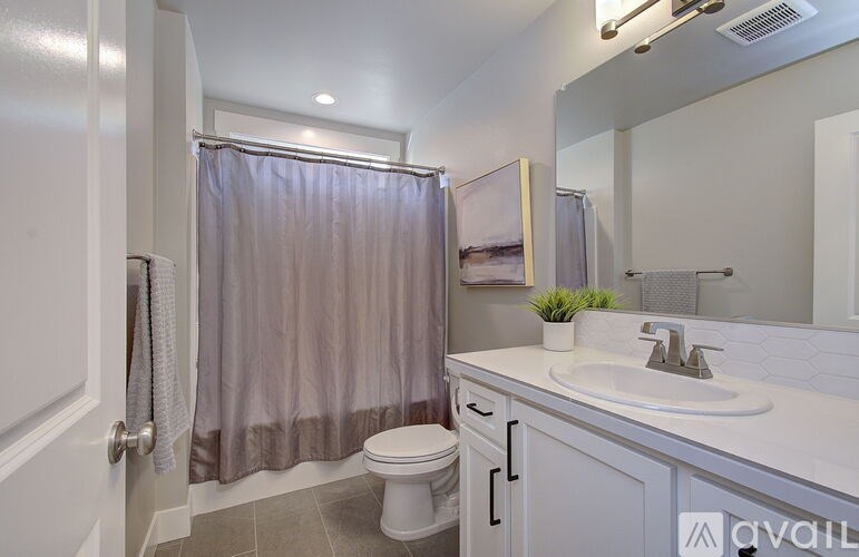 A bathroom with a toilet, sink, and shower curtain.