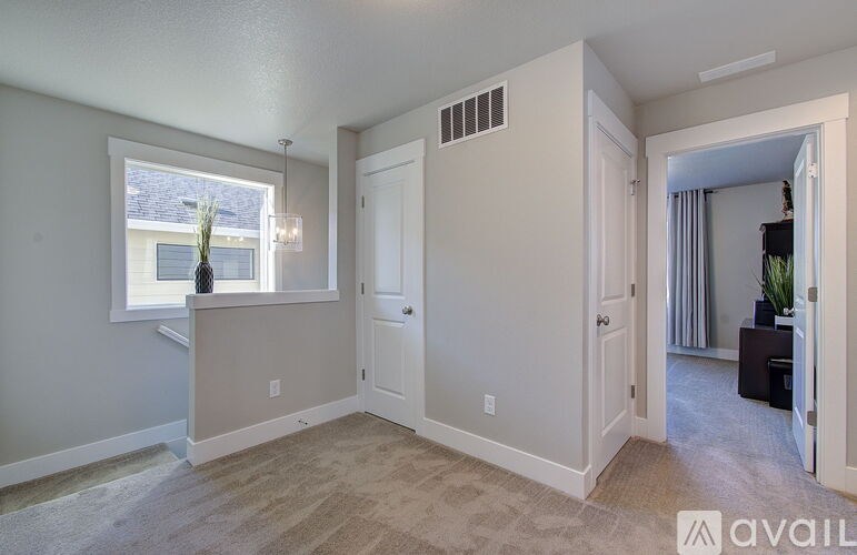 A room with a window, two doors, and a plant on the windowsill.