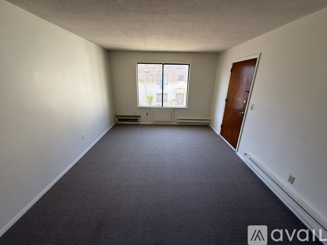 A room with a carpeted floor, a window with a view of a building outside, and a door on the right side.