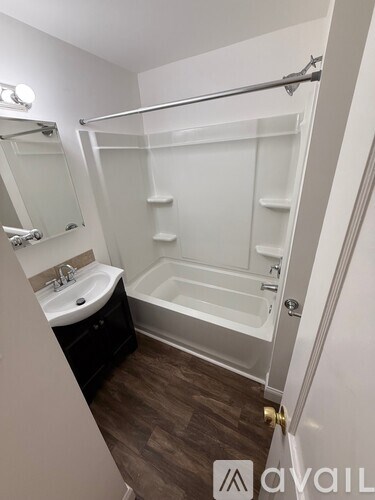 A bathroom with a walk-in shower and a sink.