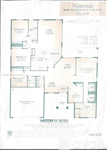 A floor plan for the Waterside Single Family Residence by Arvida Homes.