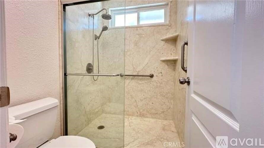 A bathroom with a walk-in shower and a toilet.
