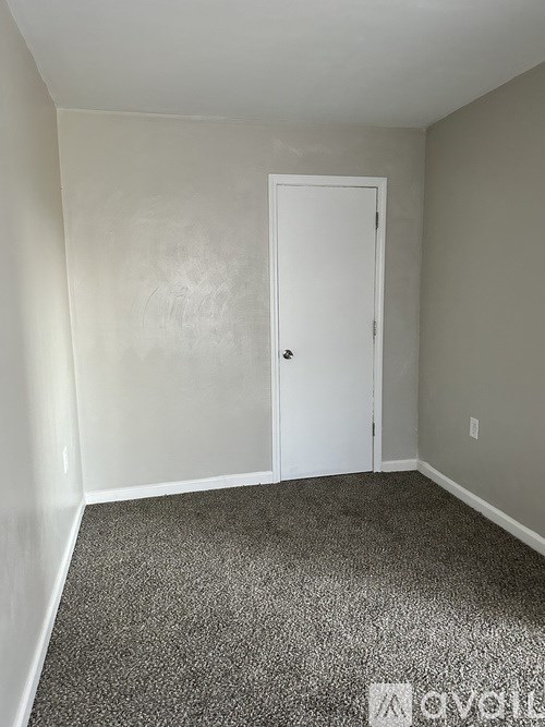 A room with a white door and carpeted floor.
