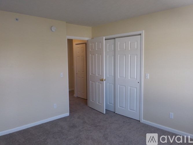 A room with two doors and a carpeted floor.