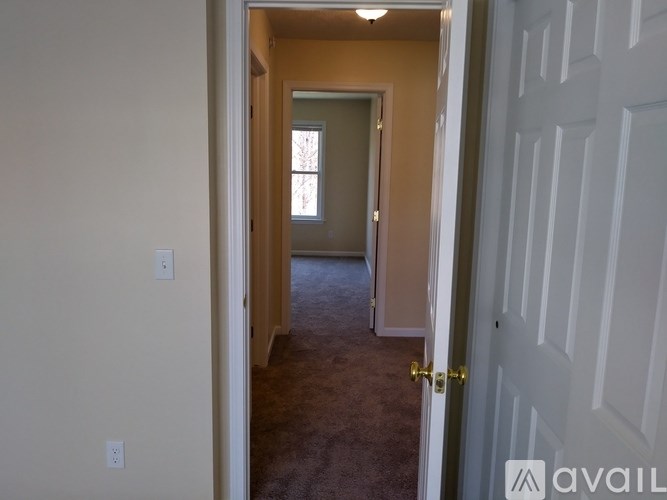 A hallway with a carpeted floor and a white door on the right.