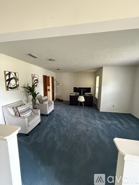A living room with a white couch and a television.
