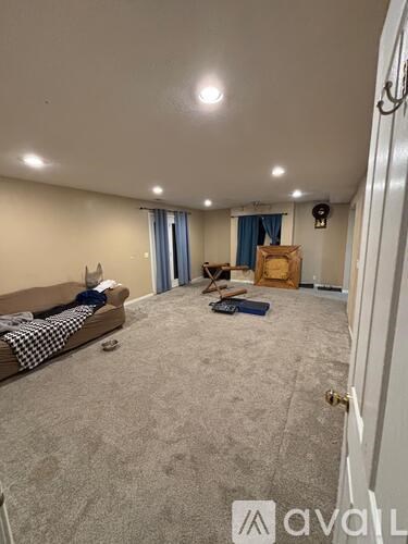 A living room with a couch and a rug.