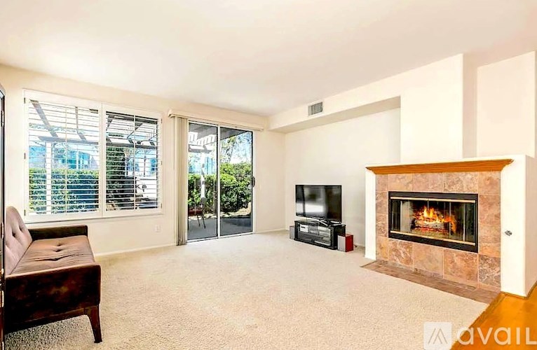 A living room with a fireplace and a television.