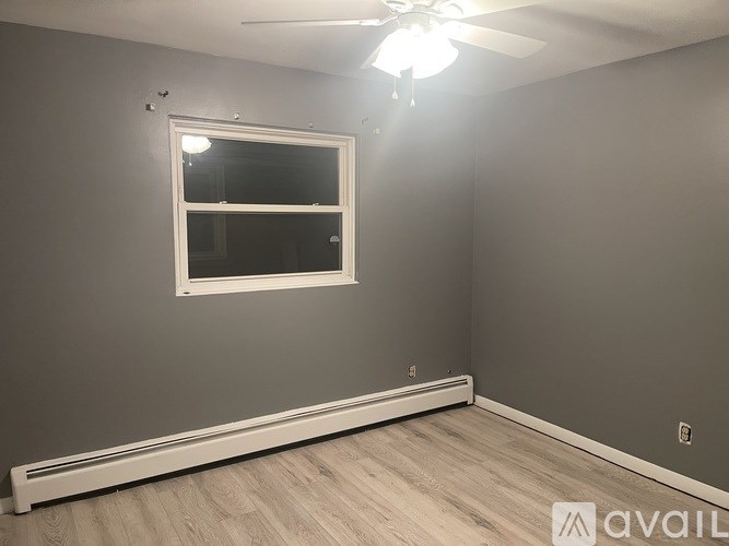 A room with a window, a ceiling fan, and a radiator on the floor.