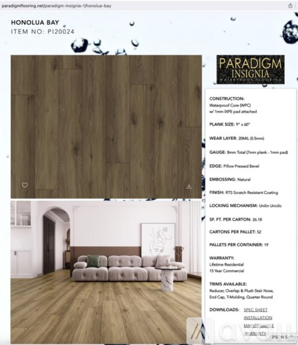 A webpage displays information about a product named "HONOLUA BAY" with a photo of a room featuring the product.