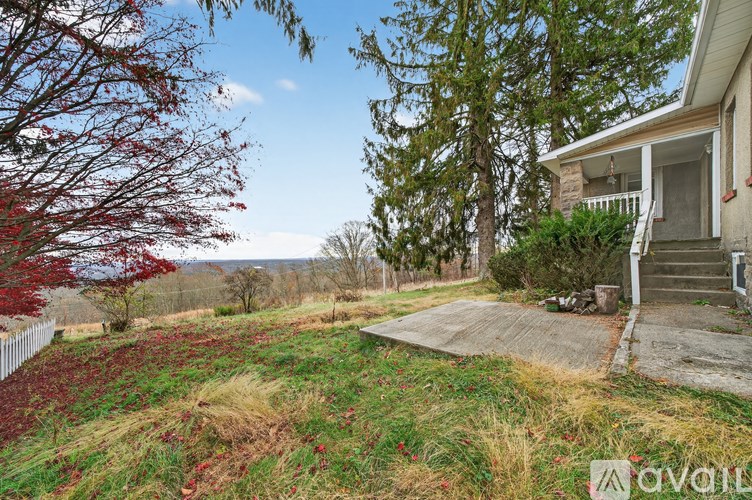 A house with a backyard surrounded by trees.