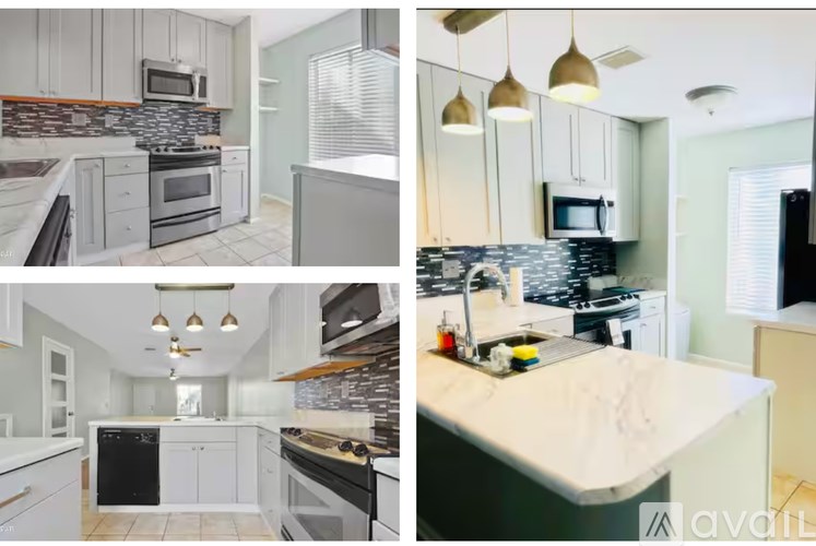 A series of images showcasing a modern kitchen with white cabinets, stainless steel appliances, and a central island.
