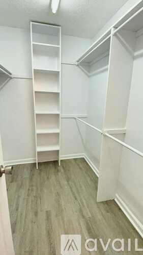 A white closet with shelves and a grey carpet.