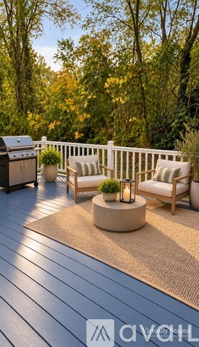 A patio with a table and chairs surrounded by trees.
