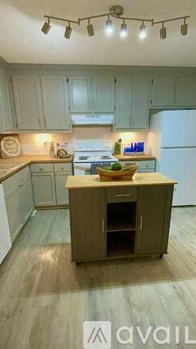 A kitchen with a wooden island in the middle.