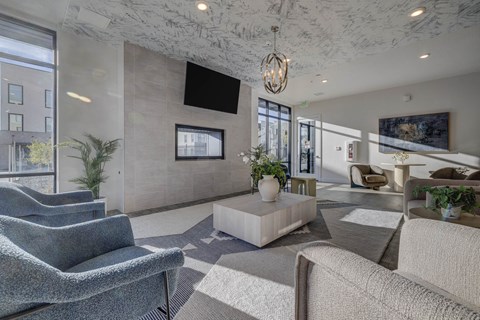 A modern living room with a grey sofa and a grey carpet.