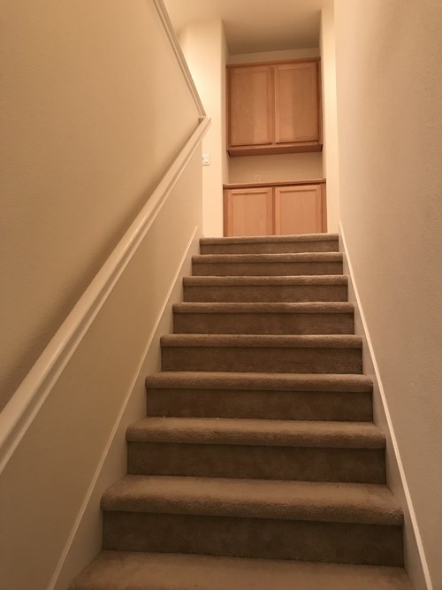 A staircase with a brown carpeted runner and white risers.