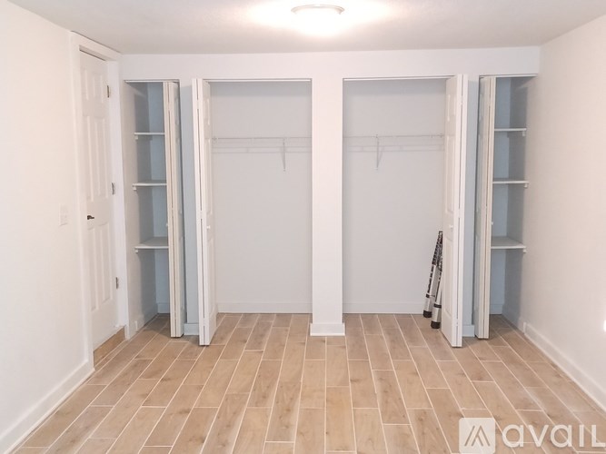 A room with two closets and a door.