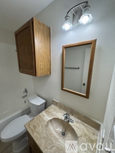 A bathroom with a toilet, sink, mirror and cabinet.