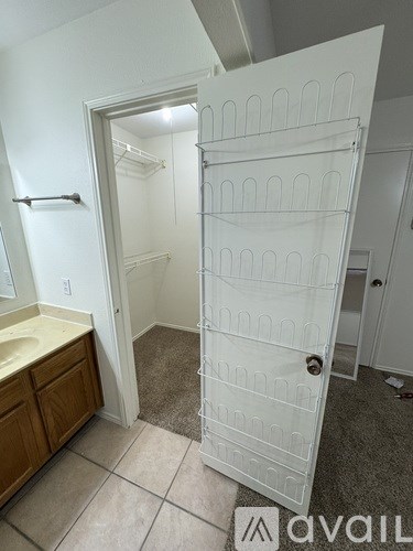 A white closet with a mirror and a sink in the bathroom.