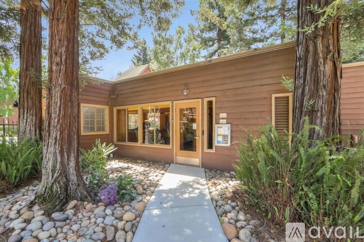 A wooden building with a glass door and windows surrounded by trees.