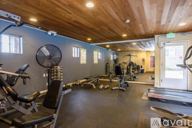 A gym with a variety of equipment including a treadmill, weights, and a fan.