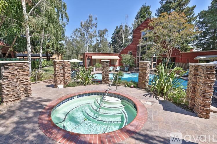 A backyard with a fountain and a pool.