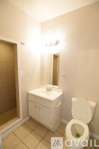 A bathroom with a toilet, sink, and mirror.