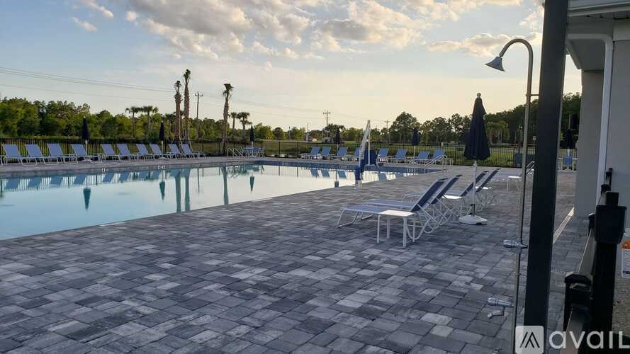 A pool area with sun loungers and a clear sky.