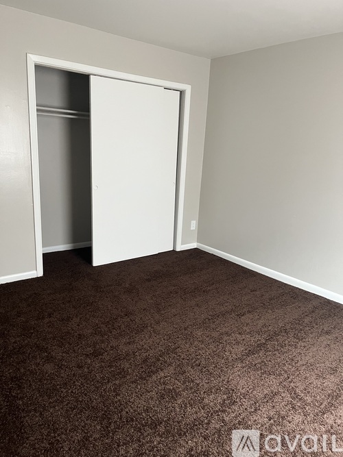 A room with a brown carpet and a white door.