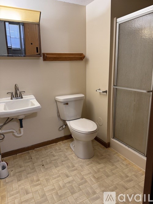 A bathroom with a toilet, sink, and shower.