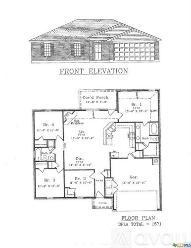 A drawing of a house shows the front elevation and floor plan with labeled rooms and dimensions.