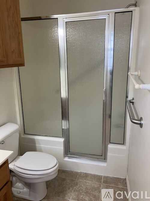A white toilet sits next to a walk-in shower with a glass door.