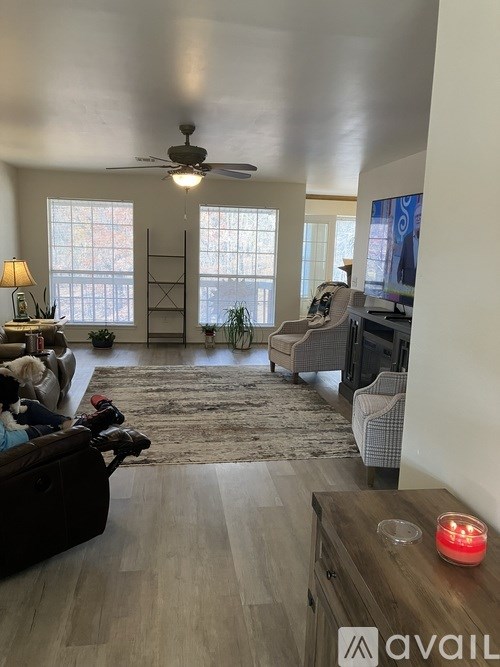 A living room with a couch, a coffee table, and a ceiling fan.
