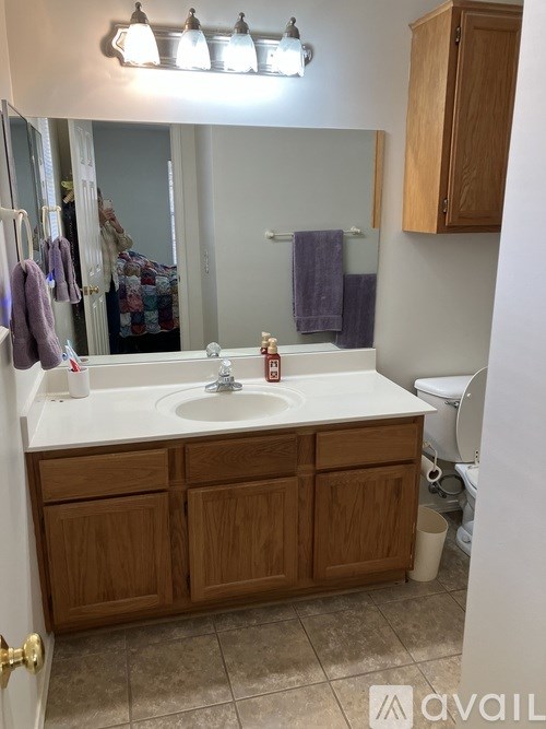 A bathroom with a sink, mirror, and towel rack.
