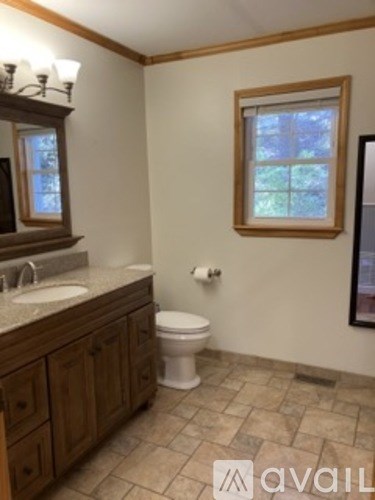 A bathroom with a toilet, sink, and mirror.