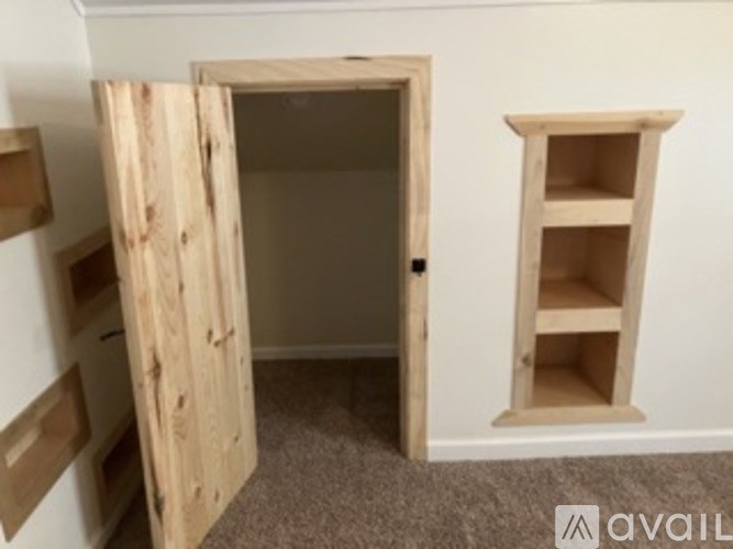A room with a wooden door and shelves.
