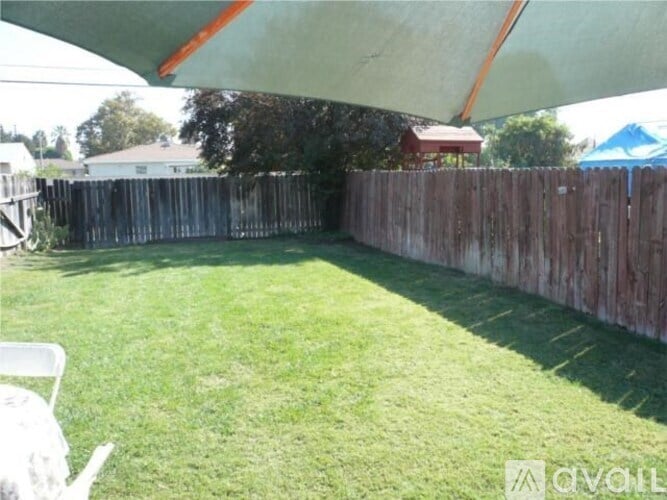 A backyard with a wooden fence and a white chair under a canopy.