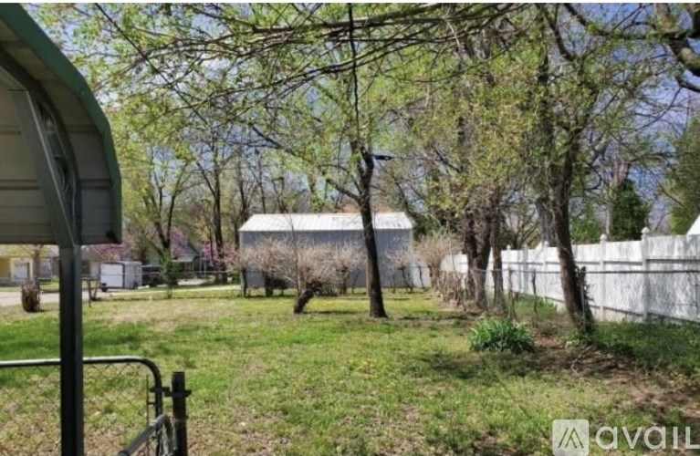 A grassy area with trees and a white fence.
