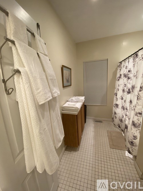 A bathroom with a towel rack, a sink, and a shower curtain.