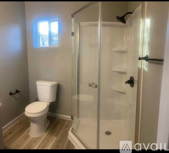 A white toilet sits in a bathroom next to a walk-in shower.
