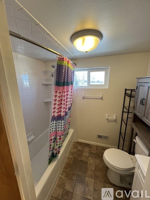 A bathroom with a toilet, a shower with a curtain, and a window.