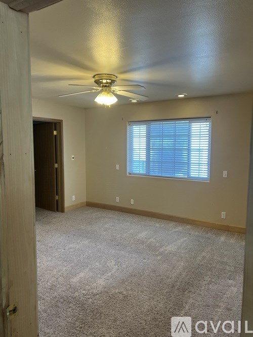 A room with a ceiling fan and carpeted floor.