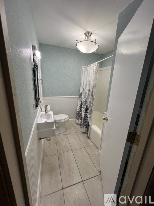 A bathroom with a toilet, sink, and shower.